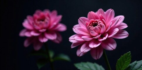 Obraz premium Dark background highlighting a single pink chrysanthemum blossom, dark blooming flowers, flower arrangement