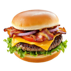 Bacon cheeseburger isolated on a white background, showcasing crispy bacon, melted cheese, and fresh toppings. PNG