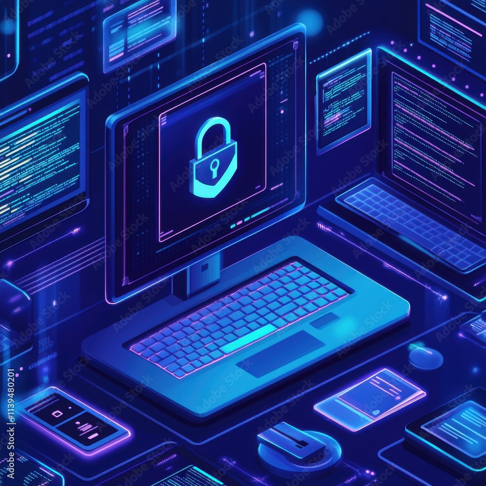Poster a vibrant digital workspace featuring a secure computer setup with neon colors, symbolizing cybersec
