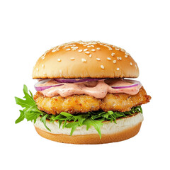 Oozing sauce over a fish burger, isolated on a white background, mouthwatering and rich. PNG