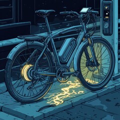 Fototapeta premium An electric bicycle parked at night, glowing with blue and yellow lights, showcasing a modern urban aesthetic.