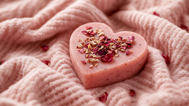 Heart shaped soap with dried rose petals on soft blanket