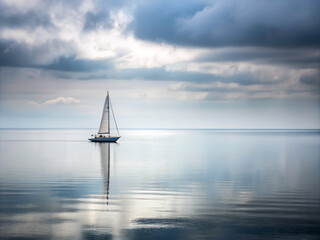 Fototapeta premium solitary sailboat glides across calm, reflective sea under cloudy sky, creating serene and tranquil atmosphere