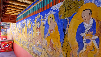 Thanka wall paintings in Sankar Monastery or Gompa Leh, Ladakh, India. Sankar gompa has 108 volumes of Buddha teachings and three images of the present, Buddha, future Buddha, Past Buddha. © RealityImages