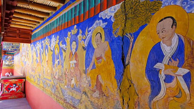 Thanka wall paintings in Sankar Monastery or Gompa Leh, Ladakh, India. Sankar gompa has 108 volumes of Buddha teachings and three images of the present, Buddha, future Buddha, Past Buddha.