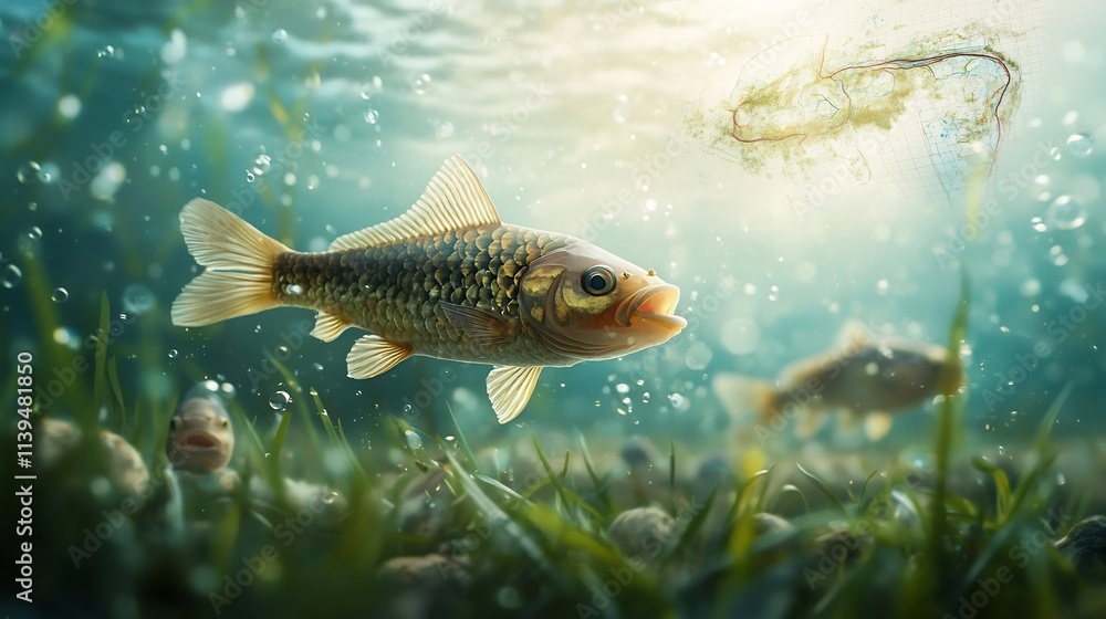 Poster a photograph depicting a freshwater fish population map integrated with a virtual twin modeling patt