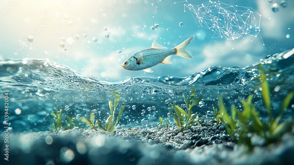Poster freshwater fish population map integrated with virtual twin modeling patterns leaving copy space at 
