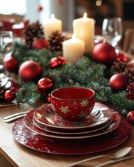 A festive dining table set with red plates and decorated with candles, pine, and ornaments, creating a warm holiday ambiance.