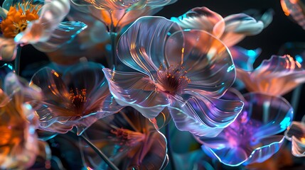 Naklejka premium A dynamic image of plexiglass flowers captured in motion, with light reflecting and refracting through their petals. 8k UHD, suitable for high-quality printing or digital display. 
