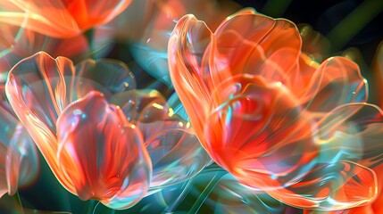Naklejka premium A dynamic image of plexiglass flowers captured in motion, with light reflecting and refracting through their petals. 8k UHD, suitable for high-quality printing or digital display. 