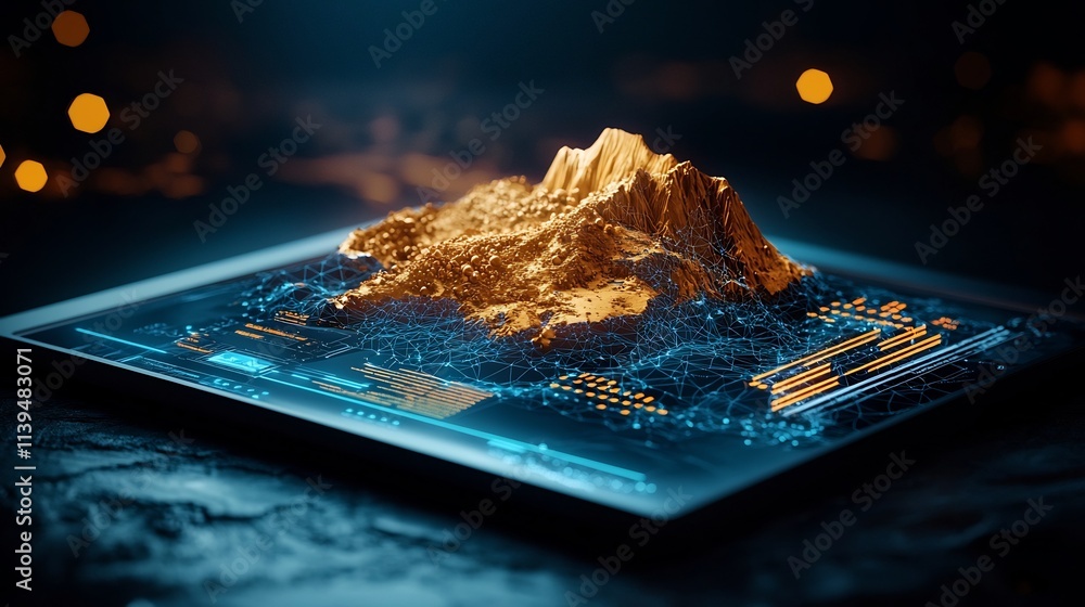 Poster detailed map of a rare earth element deposit integrated with a virtual twin simulation analyzing the