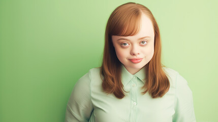 Obraz premium Portrait of smiling laughing woman with Down syndrome green background.