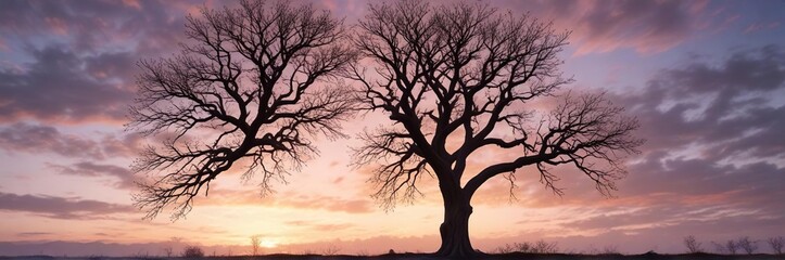 A tree's bare limbs stretching towards the pale light of dawn against a cloudy sky , grey, deciduous, nature