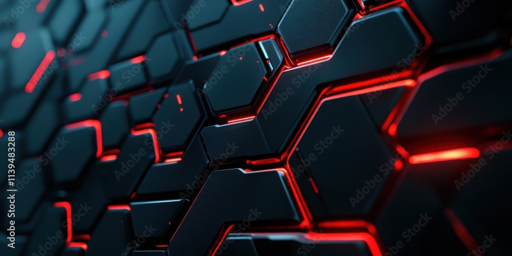 Poster abstract hexagonal pattern with red neon lights futuristic technology background digital art