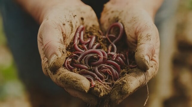 Hands Holding Earthworms and Soil