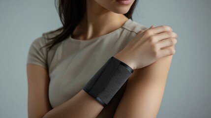 Close-up of a woman wearing a stylish black wrist support, showcasing a blend of fashion and functionality, emphasizing wellness and active lifestyle for health-conscious individuals.