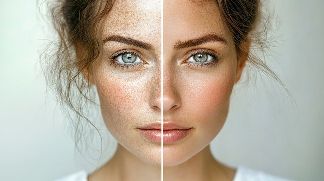 Woman portrait shows face beauty. Skincare transformation highlights retouching. Comparison and enhancement feature digital editing. Aesthetic and symmetrical photo perfect for fashion use.