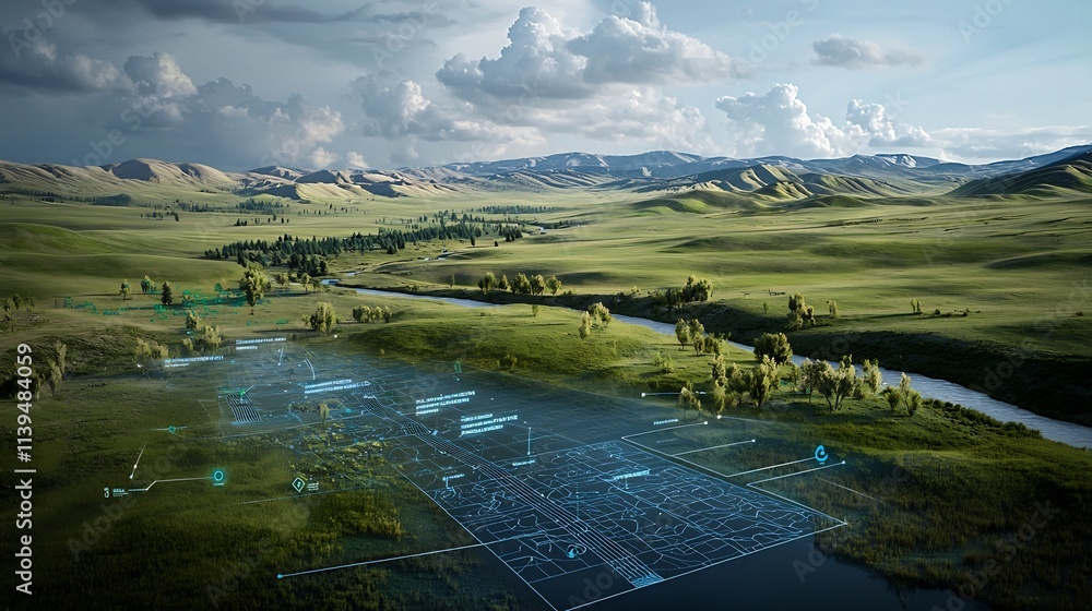 Poster a photograph of a detailed watershed management map combined with a virtual twin forecasting system 
