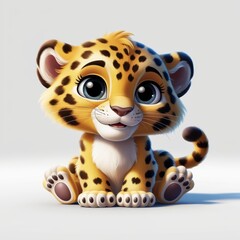 Adorable baby leopard character with large eyes and paw pads, sweet cartoon illustration