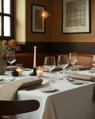 Elegant dining table set for a romantic evening, featuring glassware and soft candlelight ambiance.
