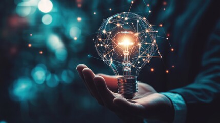 A hand holding a glowing light bulb symbolizing innovation and ideas.
