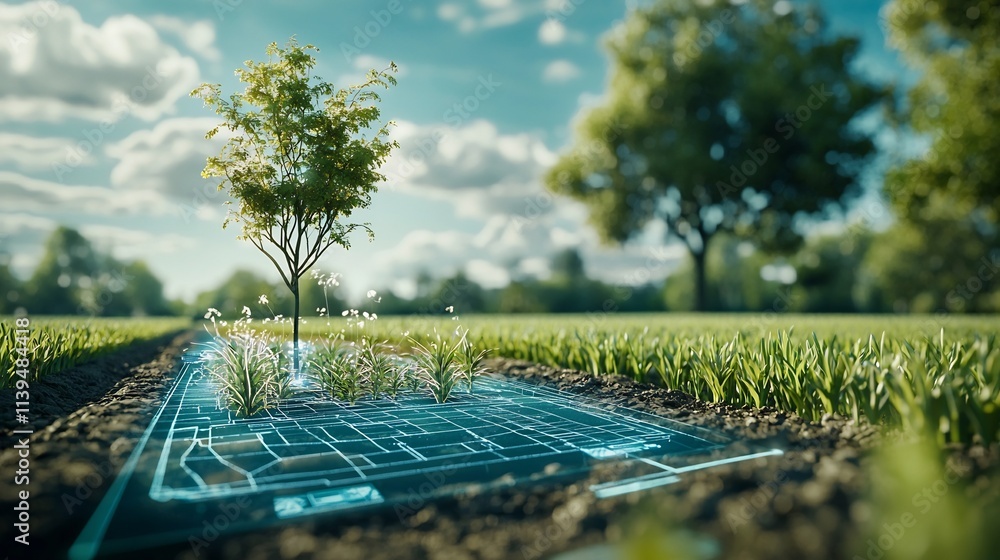 Poster aerial perspective of an arable land map integrated with a virtual twin system evaluating crop suita