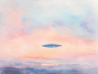 Watercolor UFO hovering over serene ocean at sunrise, unidentified flying object reflecting on calm water, pastel sky with soft clouds, sci-fi concept, tranquil atmosphere

