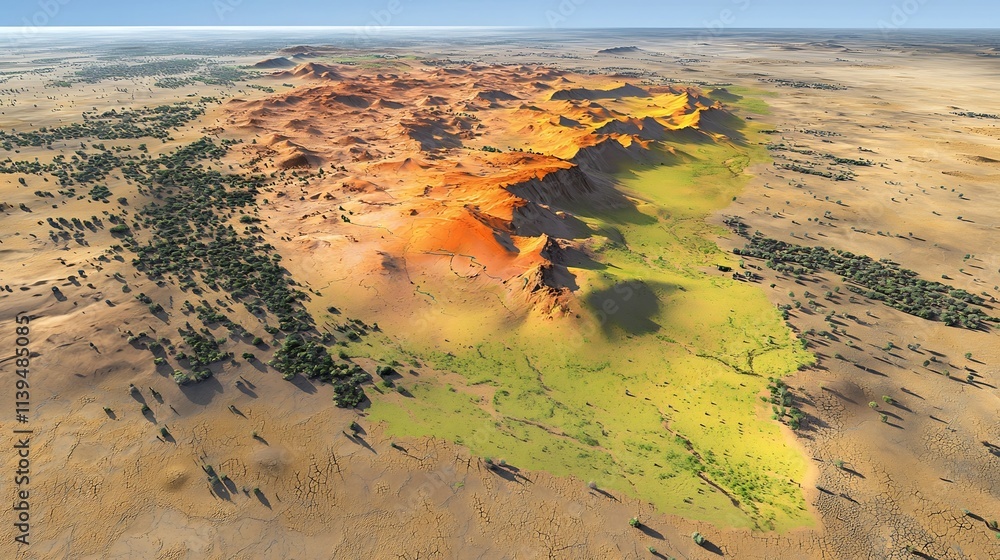 Poster desertification risk map overlaid with a virtual twin simulation predicting future land degradation 