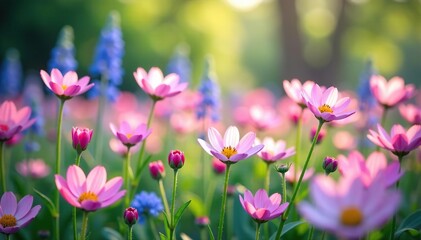 Fototapeta premium A field of colorful wildflowers in soft pink and blue hues, garden, spring flowers