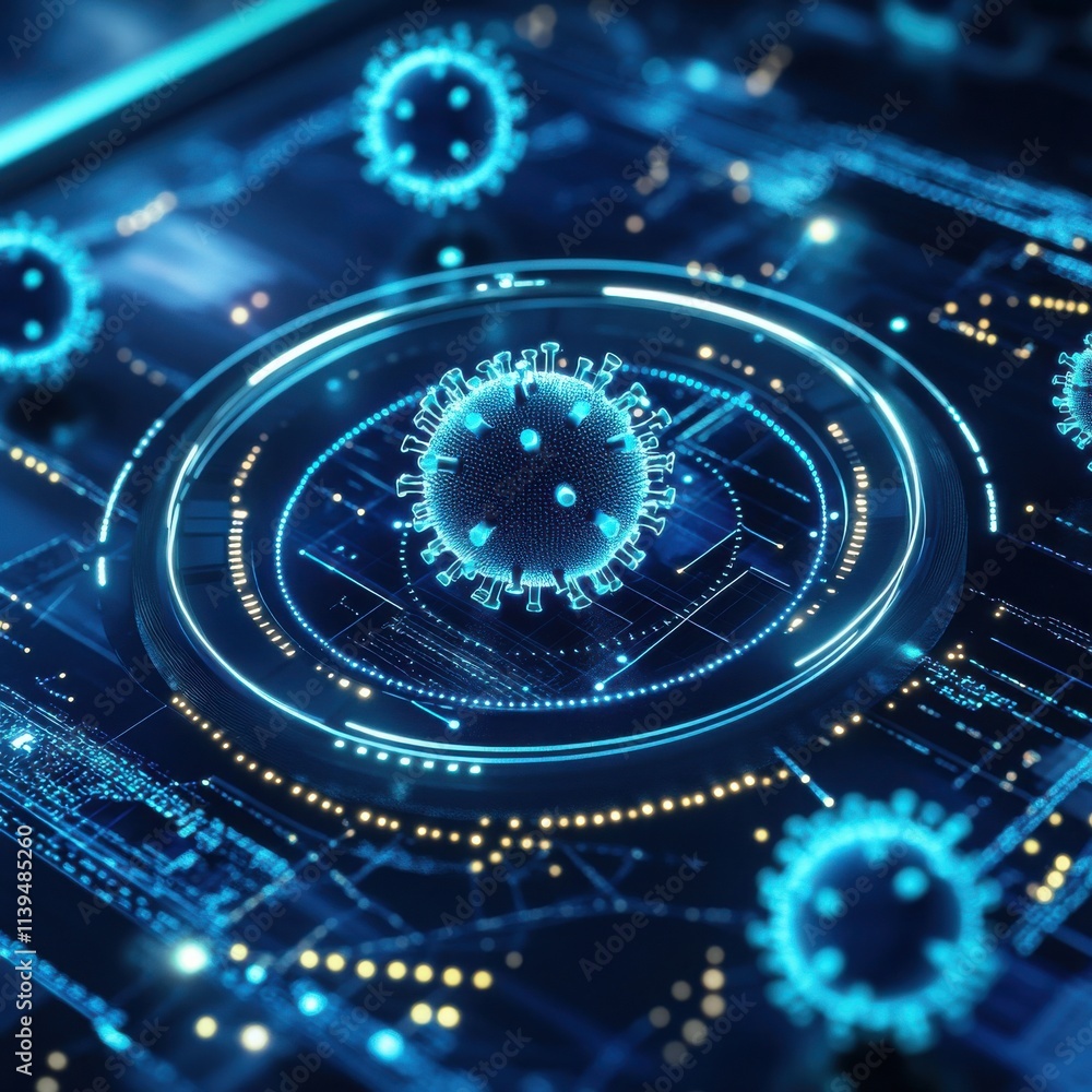 Poster a digital representation of a virus surrounded by data points and circuits, illustrating technology 