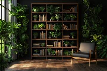 Fototapeta premium Modern Interior with Bookcase and Plants