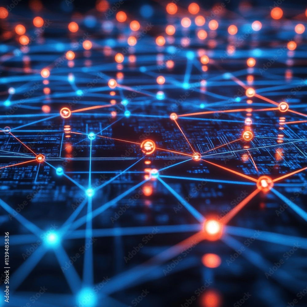 Poster abstract computer network visualization with glowing blue and orange nodes interconnected on a circu
