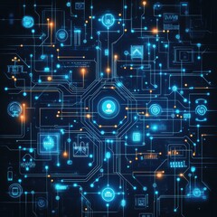 Obraz premium Abstract blue and orange digital technology circuit board background with glowing connections and data icons.