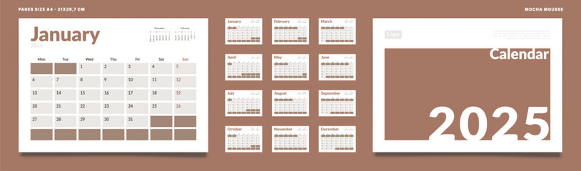 Set of 2025 Calendar Planner Template Pages Monthly, Cover. Vector layout of a wall or desk calendar with week start Monday for printing. Page size A4-21x29.7cm