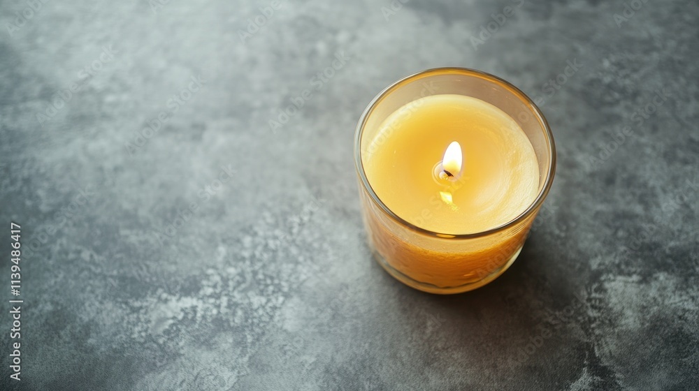 Poster A lit candle in a glass container on a textured surface, creating a warm ambiance.