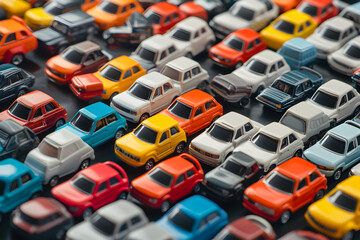A row of toy cars are lined up in a row, with some of them being red and others being yellow