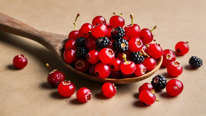 a rustic wooden spoon overflowing with fresh organic barberries, emphasizing their vibrant red tones and natural appeal in a clean, simple setting.