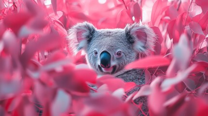 Adorable koala peeking from vibrant pink eucalyptus leaves.