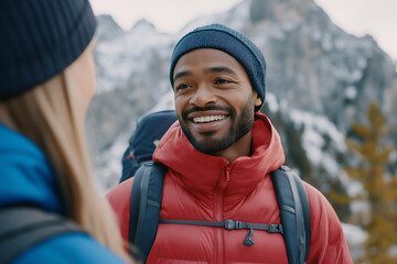 Outdoor sports coach smiling, giving a pep talk before a hike, looking at camera, Close-up outdoors portrait