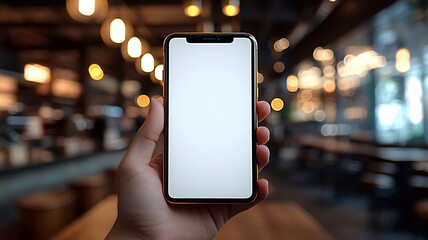 Hand firmly holding smartphone mockup, blank white screen, blurred modern cafe interior, soft natural light, 3D rendering
