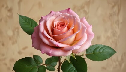 Fototapeta premium Pink rose with green leaves against a warm beige or light brown background, beige or light brown background, garden, bright pink rose