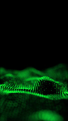 Green glowing circles particles wave at the bottom on a black abstract background, bokeh effect, vertical composition. Event and banner background.