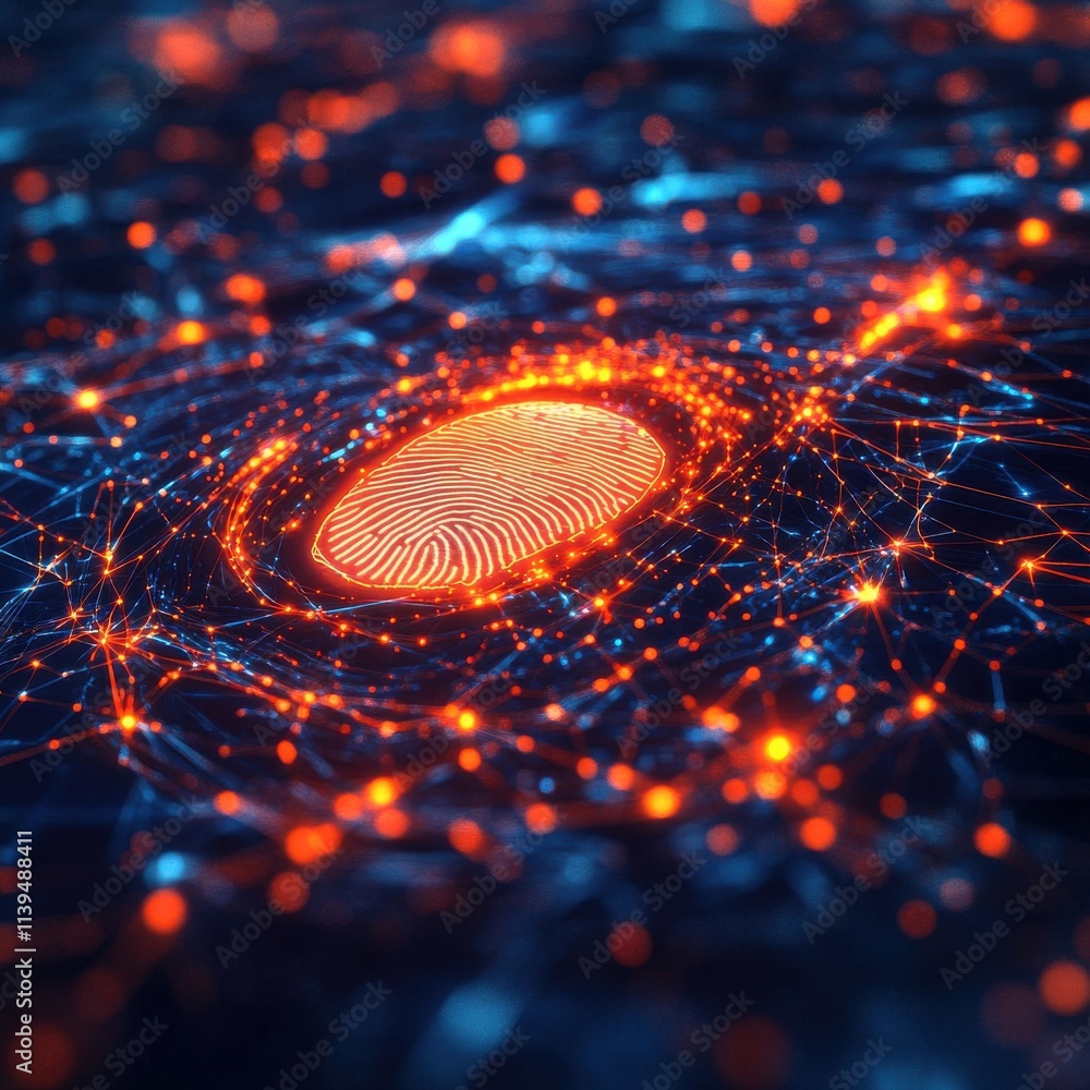 Aufkleber an abstract digital fingerprint surrounded by bright, interconnected nodes and lines, symbolizing id