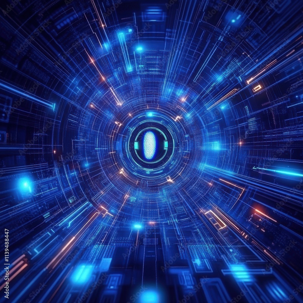 Poster futuristic digital tunnel with glowing blue and orange lines symbolizing data flow and cybersecurity