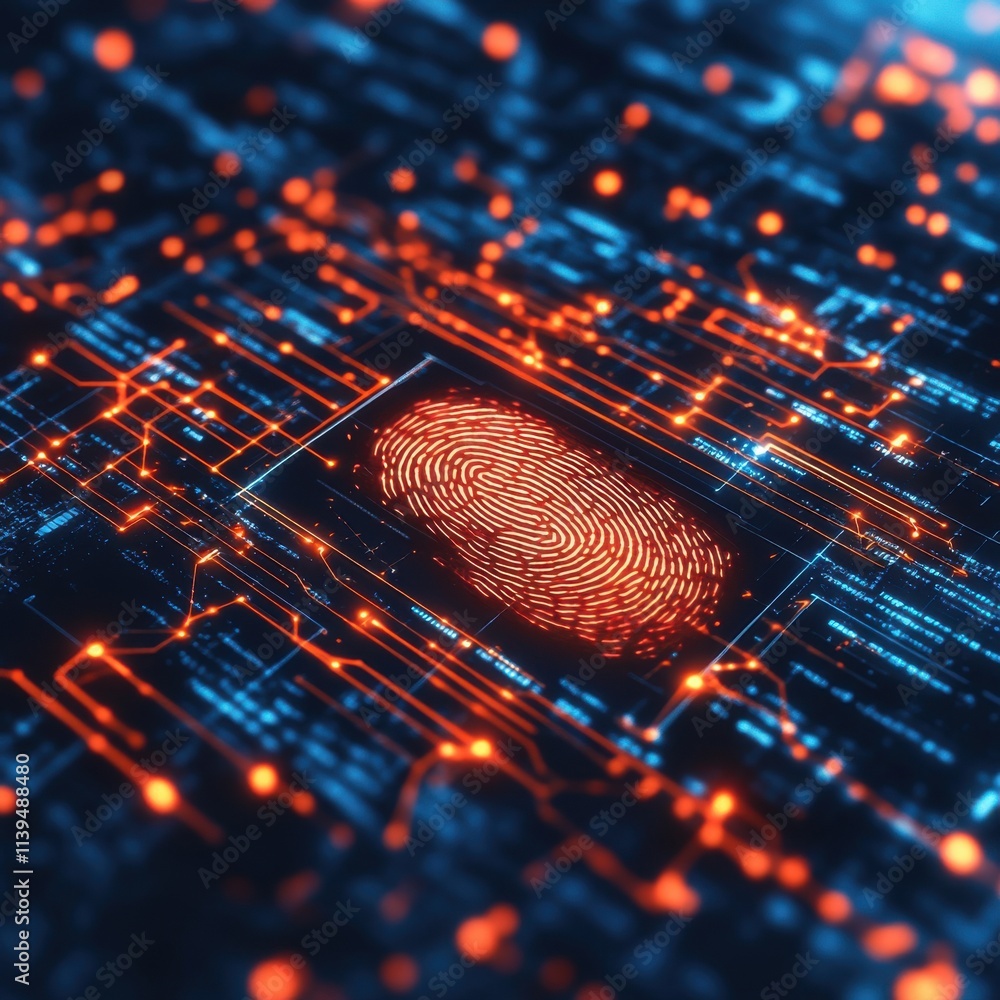 Poster a glowing fingerprint against a backdrop of digital circuitry, symbolizing advanced technology and s