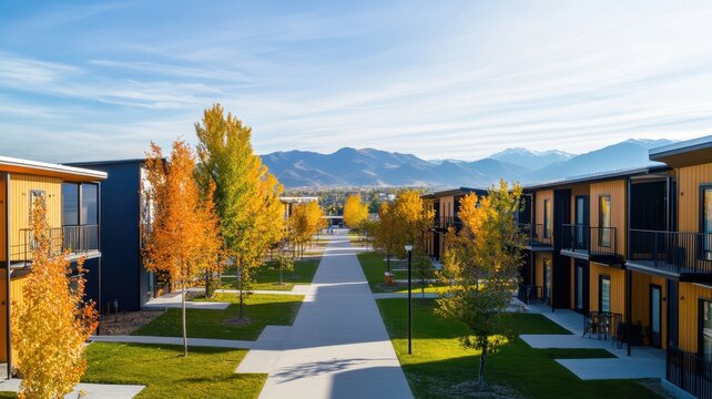 An affordable prefabricated housing community with modern design and sustainable living options for families.