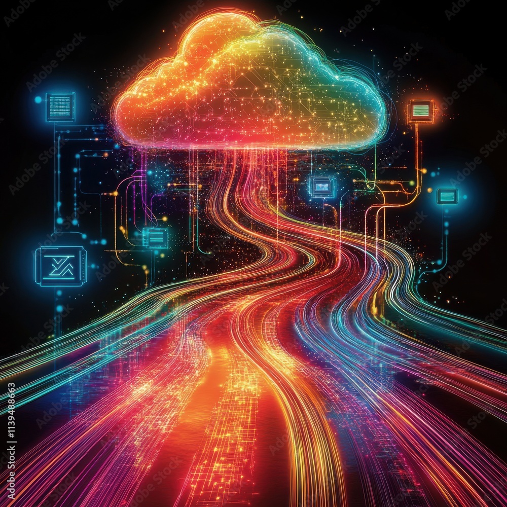 Aufkleber a vibrant digital illustration of a cloud filled with colorful data streams and icons representing t
