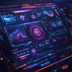 Fototapeta premium Futuristic digital interface featuring neon colors and data visualization elements.