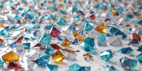 Fototapeta premium Glass fragments scattered in an abstract pattern on white, shard, splinter, fragmented