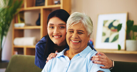 Nurse, elderly woman and portrait with embrace in lounge for medicine, trust and assisted living. Senior person, caregiver and smiling in retirement or nursing home for health, wellness and pensioner